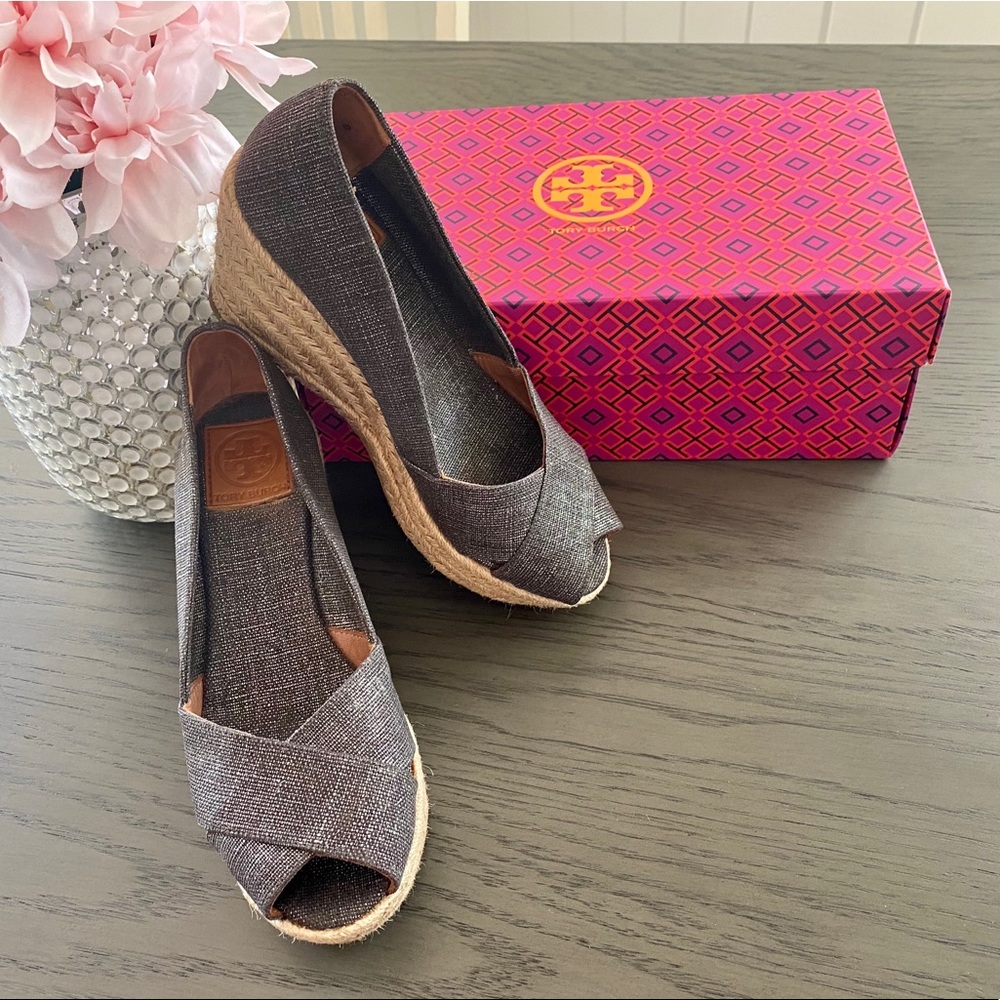 TORY BURCH Denim Filipa Peep Toe Wedges